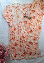 Phoolkari Mulmul Chikankari Long Kurti Palazzo Set- Orange - Image 3