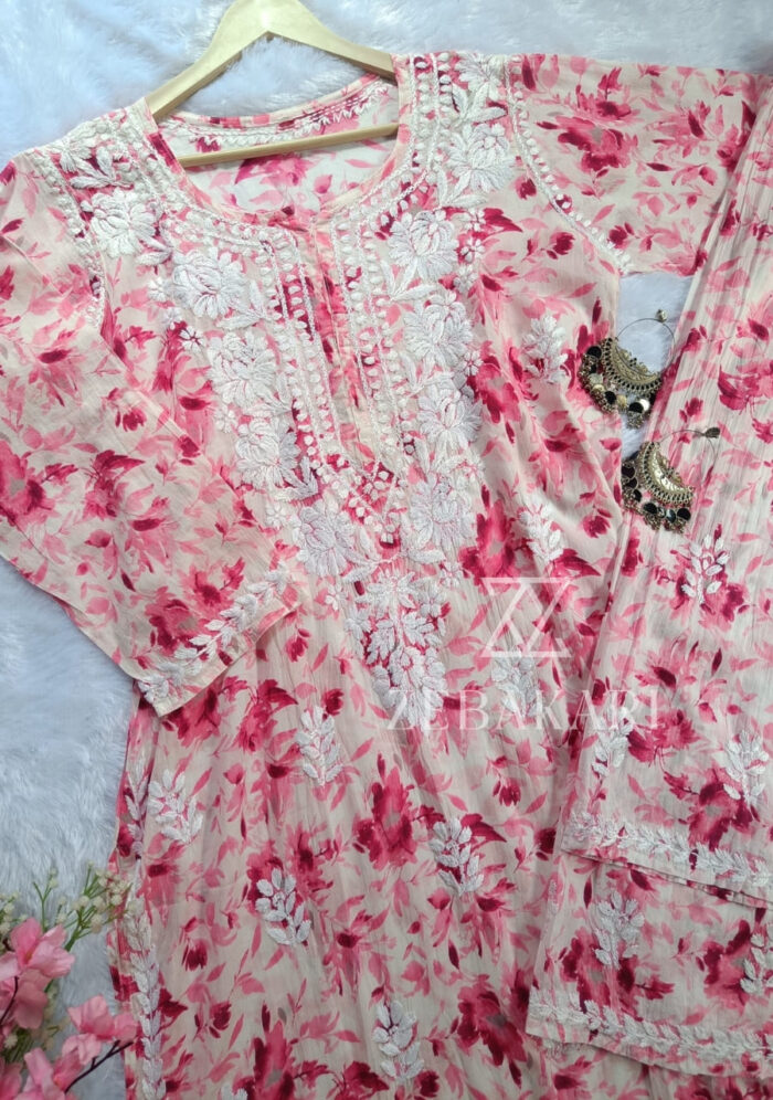 Phoolkari Mulmul Chikankari Long Kurti Palazzo Set- Pink - Image 5