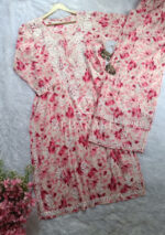 Phoolkari Mulmul Chikankari Long Kurti Palazzo Set- Pink - Image 4