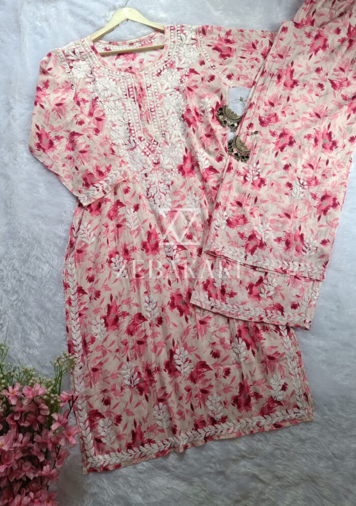 Phoolkari Mulmul Chikankari Long Kurti Palazzo Set- Pink - Image 4