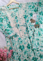 Phoolkari Mulmul Chikankari Long Kurti Palazzo Set- Sea Green - Image 3
