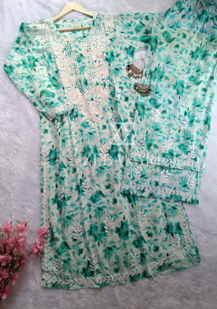 Phoolkari Mulmul Chikankari Long Kurti Palazzo Set- Sea Green - Image 4