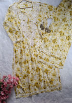 Phoolkari Mulmul Chikankari Long Kurti Palazzo Set- Olive Green - Image 3