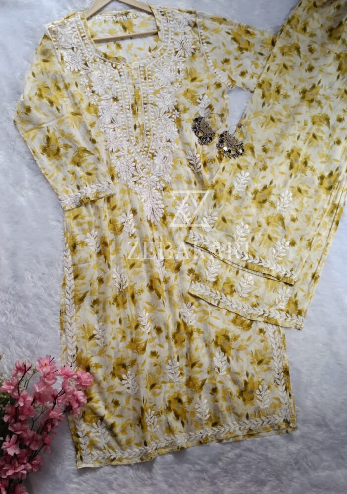 Phoolkari Mulmul Chikankari Long Kurti Palazzo Set- Olive Green - Image 3