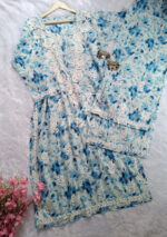 Phoolkari Mulmul Chikankari Long Kurti Palazzo Set- Blue - Image 5