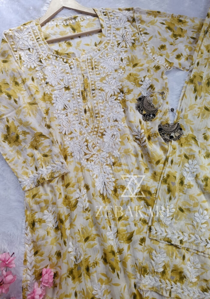 Phoolkari Mulmul Chikankari Long Kurti Palazzo Set- Olive Green - Image 2