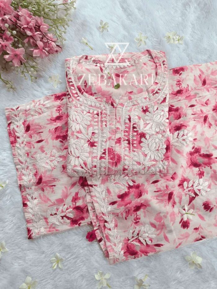 Phoolkari Mulmul Chikankari Long Kurti Palazzo Set- Pink - Image 3
