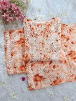 Phoolkari Mulmul Chikankari Long Kurti Palazzo Set- Orange - Image 2