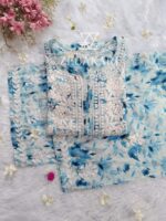 Phoolkari Mulmul Chikankari Long Kurti Palazzo Set- Blue - Image 3