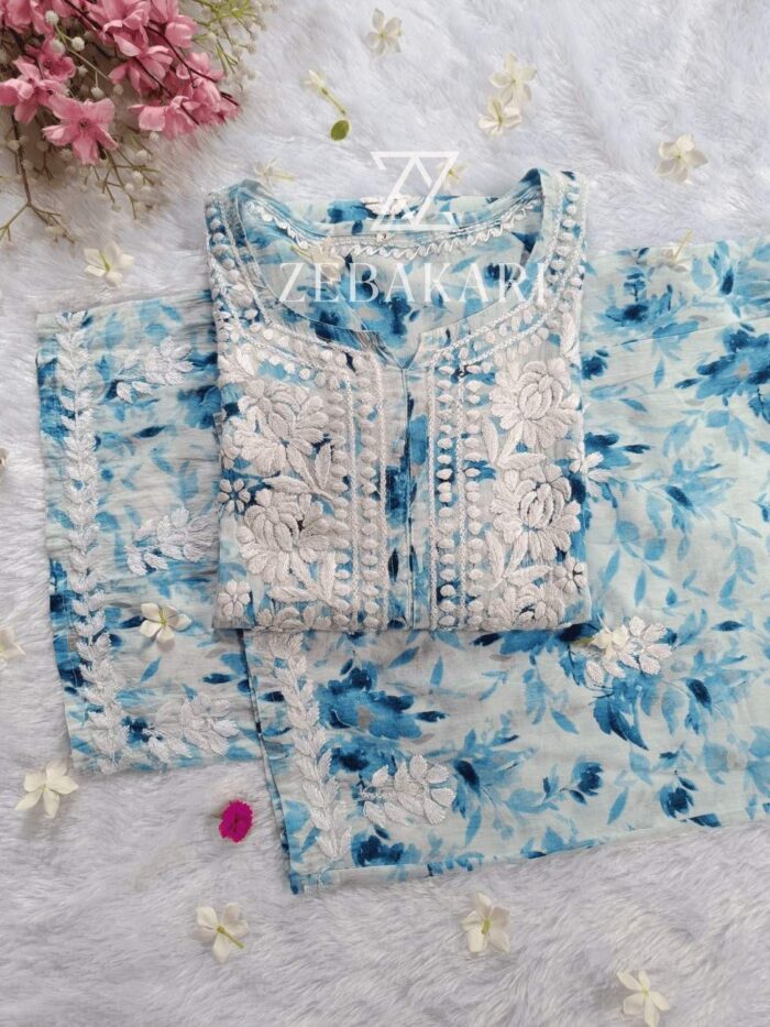 Phoolkari Mulmul Chikankari Long Kurti Palazzo Set- Blue - Image 3