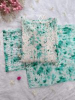 Phoolkari Mulmul Chikankari Long Kurti Palazzo Set- Sea Green - Image 2