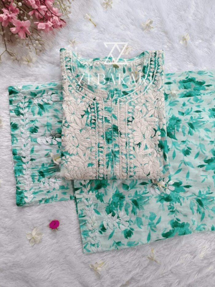 Phoolkari Mulmul Chikankari Long Kurti Palazzo Set- Sea Green - Image 2