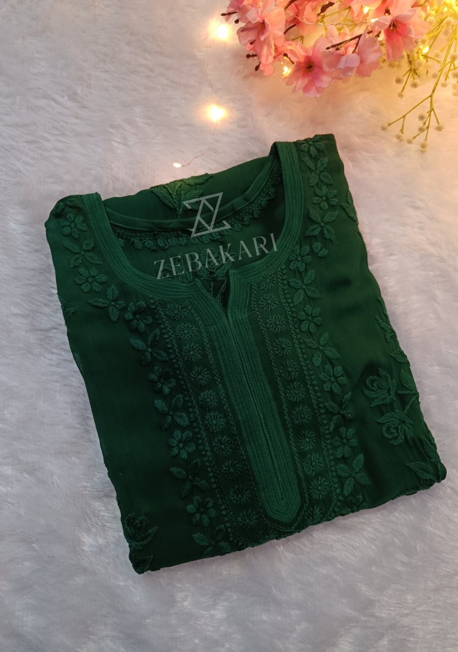 20250816_160033_0000 Bottle Green Viscose 3D Chikankari Long kurti - Image 1