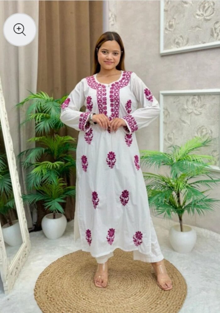 Sadiya Cotton Chikankari Long Kurti with Pant- Purple - Image 1