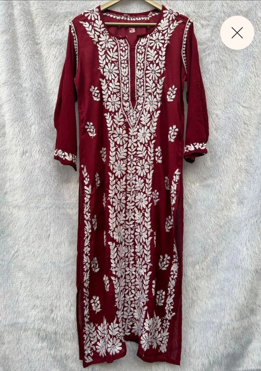 21_20250802_114953_0020 Feriha Chikankari Panel Design Modal Straight Kurta- Maroon - Image 1