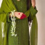 Dia Viscose Resham Jaal Chikankari Mukesh Work 3pc Set- Mehndi Green