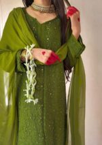 Dia Viscose Resham Jaal Chikankari Mukesh Work 3pc Set- Mehndi Green