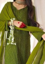 Dia Viscose Resham Jaal Chikankari Mukesh Work 3pc Set- Mehndi Green - Image 6