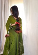 Dia Viscose Resham Jaal Chikankari Mukesh Work 3pc Set- Mehndi Green - Image 2