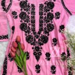 Raven Dobby Cotton Chikankari Long Kurti- Pink
