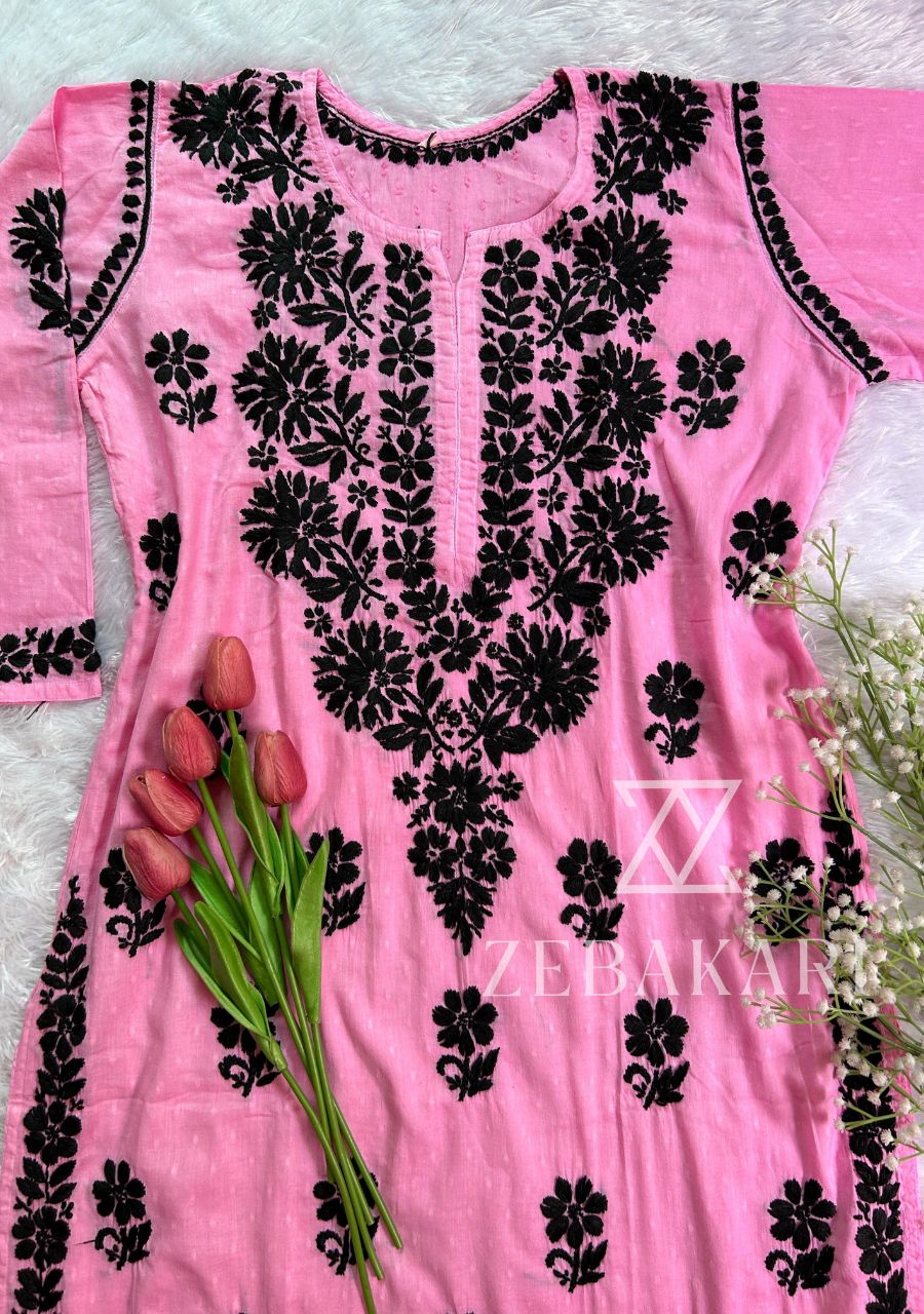 2_20250820_173604_0001 Raven Dobby Cotton Chikankari Long Kurti- Pink - Image 1
