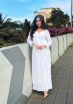 Palak Chikankari Modal Long Kurti 3pc Set - White - Image 2