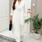 Palak white Chikankari Long Kurti 3pc Set