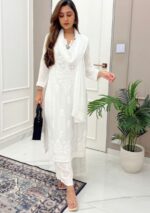 Palak Chikankari Modal Long Kurti 3pc Set - White