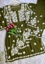 Zeeba Modal 3D Chikankari Co-ord Set- Mehndi Green - Image 2