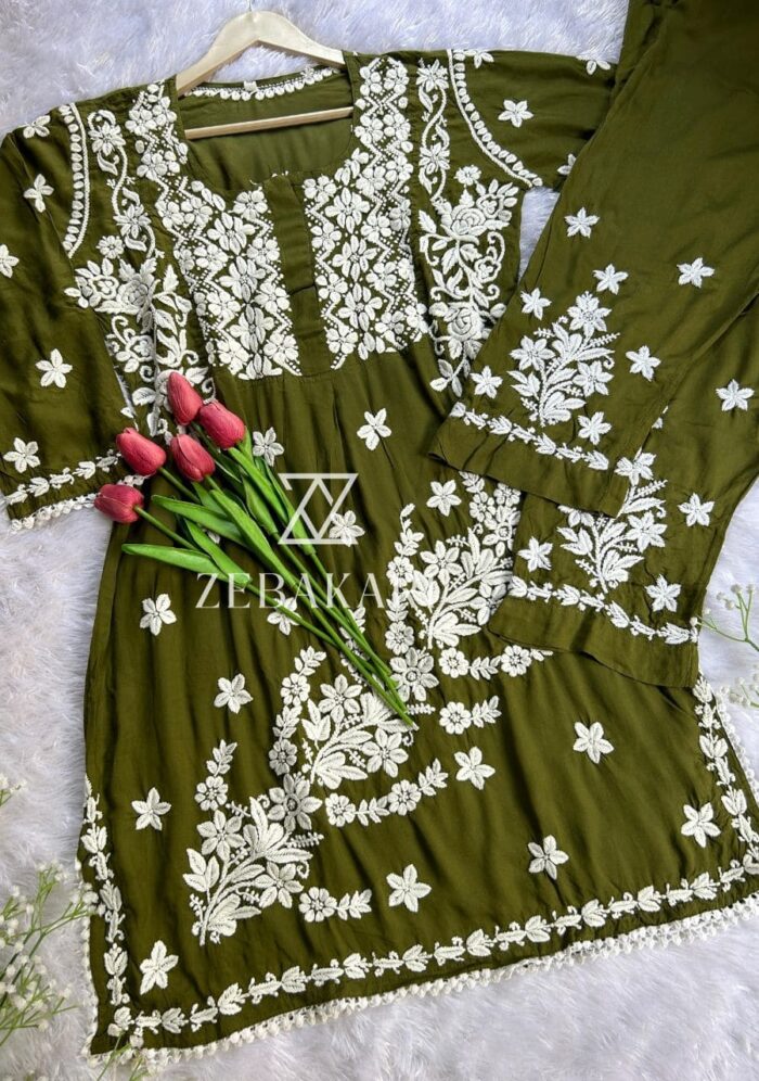 Zeeba Modal 3D Chikankari Co-ord Set- Mehndi Green - Image 2