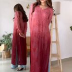 Alizah Viscose Chikankari Mukesh Work Long Kurti- Ombre Maroon