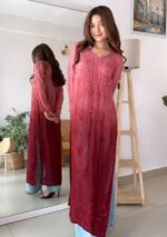 Alizah Viscose Chikankari Mukesh Work Long Kurti- Ombre Maroon