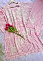 Zeeba Modal 3D Chikankari Co-ord Set- Baby Pink - Image 2