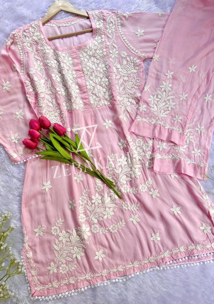 Zeeba Modal 3D Chikankari Co-ord Set- Baby Pink - Image 2