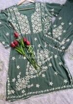 Zeeba Modal 3D Chikankari Co-ord Set- Olive green - Image 2