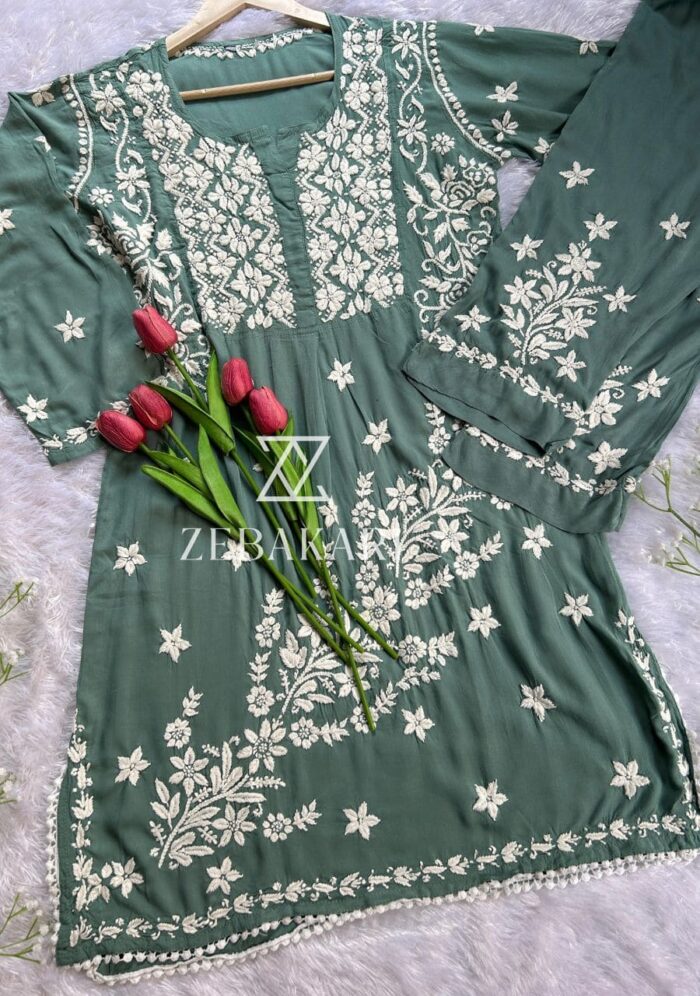 Zeeba Modal 3D Chikankari Co-ord Set- Olive green - Image 2