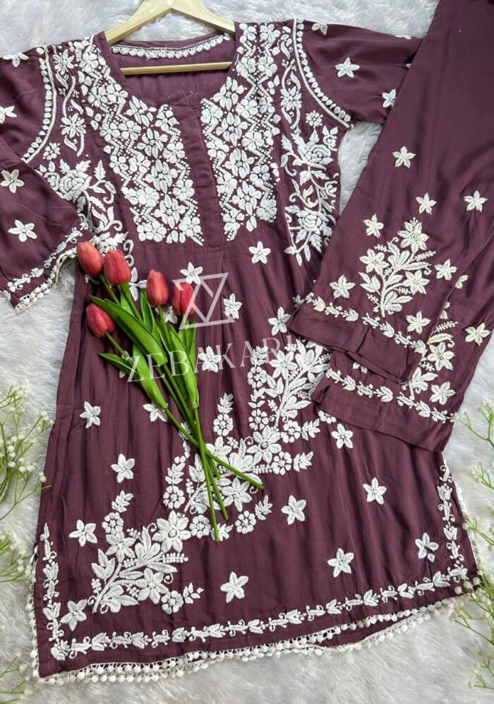 Zeeba Modal 3D Chikankari Co-ord Set- Mauve - Image 1