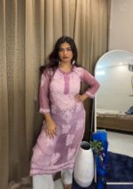 Alice Georgette Chikankari Long Straight Kurti - Mauve