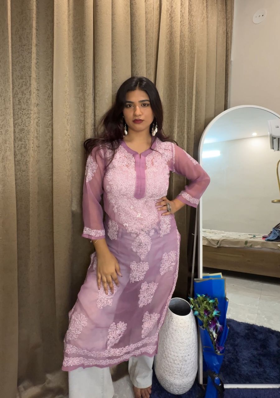 9_20250820_173604_0008 Alice Georgette Chikankari Long Straight Kurti - Mauve - Image 1