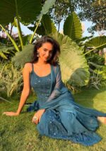 Anushka Strappy Viscose Chikankari and Ring Mukesh Work 3pc Set- Teal Blue - Image 4