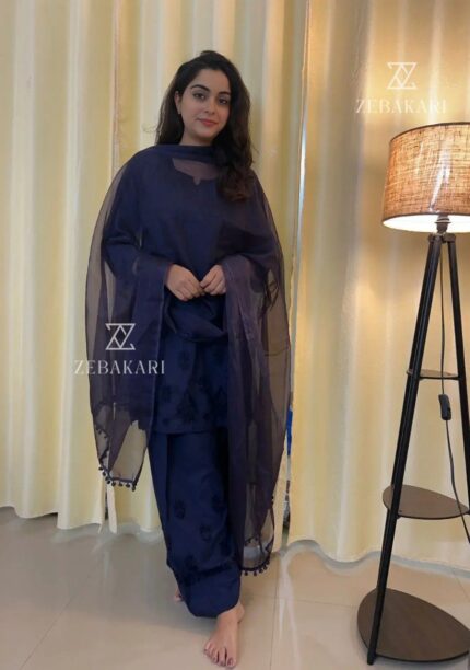 Mehrunnisa Chikankari Farshi Shalwar Suit- Navy Blue