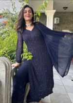 Dia Viscose Resham Jaal Chikankari and Mukesh Work 3pc Set- Navy Blue