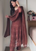 Nikhat Viscose Chikankari and Mukesh Work 3pc Set- Brown