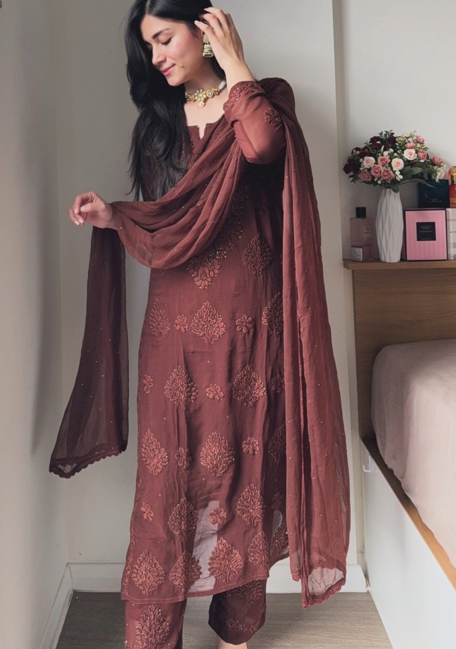 2025/09/1001584572.jpg Nikhat Viscose Chikankari and Mukesh Work 3pc Set- Brown - Image 1