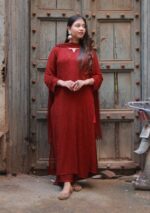 Dia Viscose Resham Jaal Chikankari Work 3pc Set- Cherry Maroon