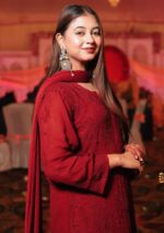 Dia Viscose Resham Jaal Chikankari Work 3pc Set- Cherry Maroon - Image 2