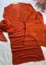 Inayat Viscose Resham Jaal Chikankari Work 3pc Set- Rusted Brick - Image 4