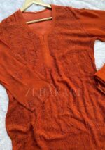 Inayat Viscose Resham Jaal Chikankari Work 3pc Set- Rusted Brick - Image 5