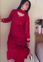 Dia Viscose Resham Jaal Chikankari and Mukesh Work 3pc Set- Rose Red