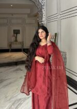 Mehrunnisa Chikankari Farshi Shalwar Suit- Maroon - Image 9